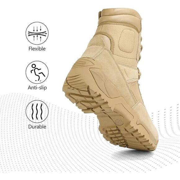 NORTIV 8 Mens Military Tactical Work Boots Hiking Side Zip Leather, Sand, 12